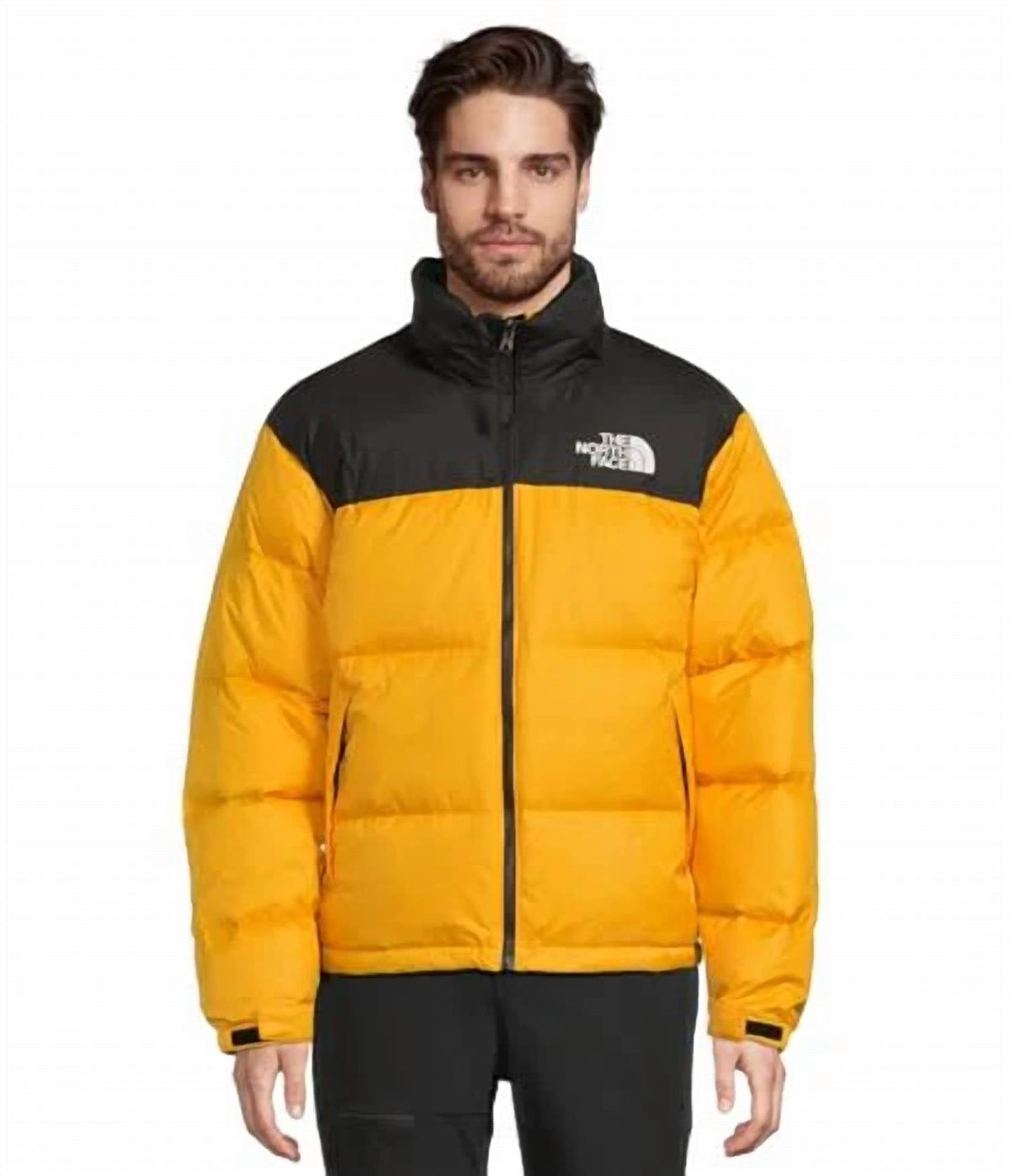 The North Face Unisex Yellow and Black Stand-Collar Puffer Jacket