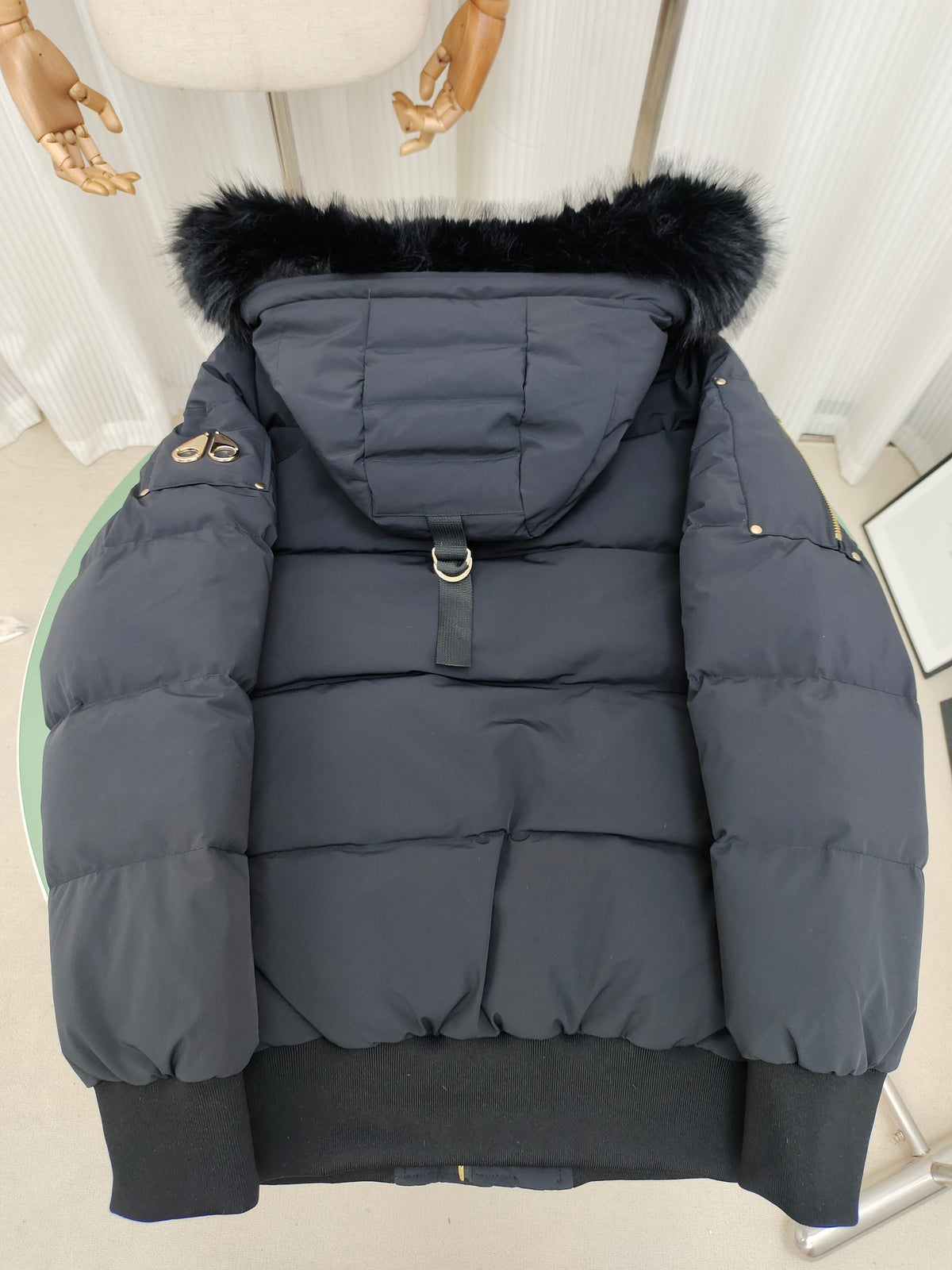 Moose Knuckles Navy Blue Hooded Puffer Bomber Jacket with Fur-Style Trim