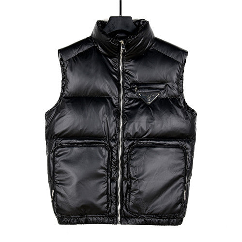 Prada Glossy Black Stand-Collar Puffer Vest with Large Pockets