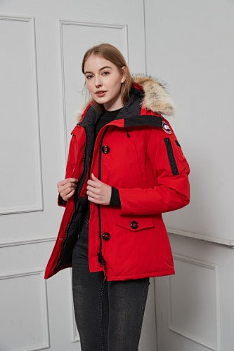 Canada Goose Women's Red Hooded Parka with Fur-Style Trim
