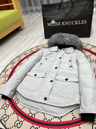 Moose Knuckles Women's Light Gray Hooded Parka with Fur-Style Trim