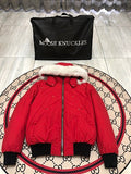 Moose Knuckles Men's Red Hooded Bomber Jacket with Fur-Style Trim