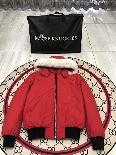 Moose Knuckles Men's Red Hooded Bomber Jacket with Fur-Style Trim