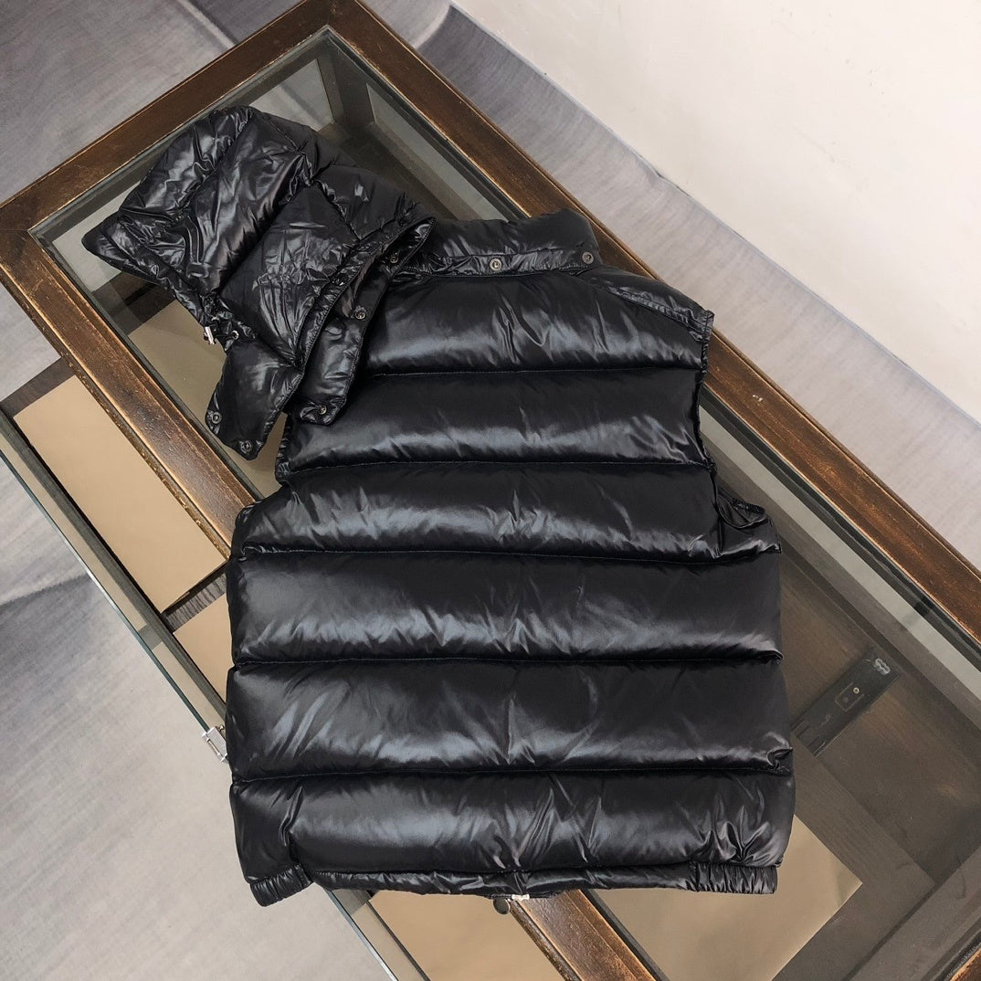Moncler Glossy Black Puffer Vest with Detachable Hood