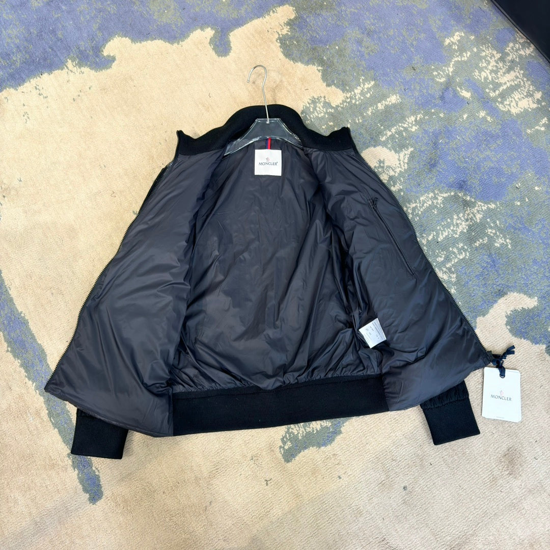 Moncler Quilted-Front Knit Jacket with Striped Sleeves