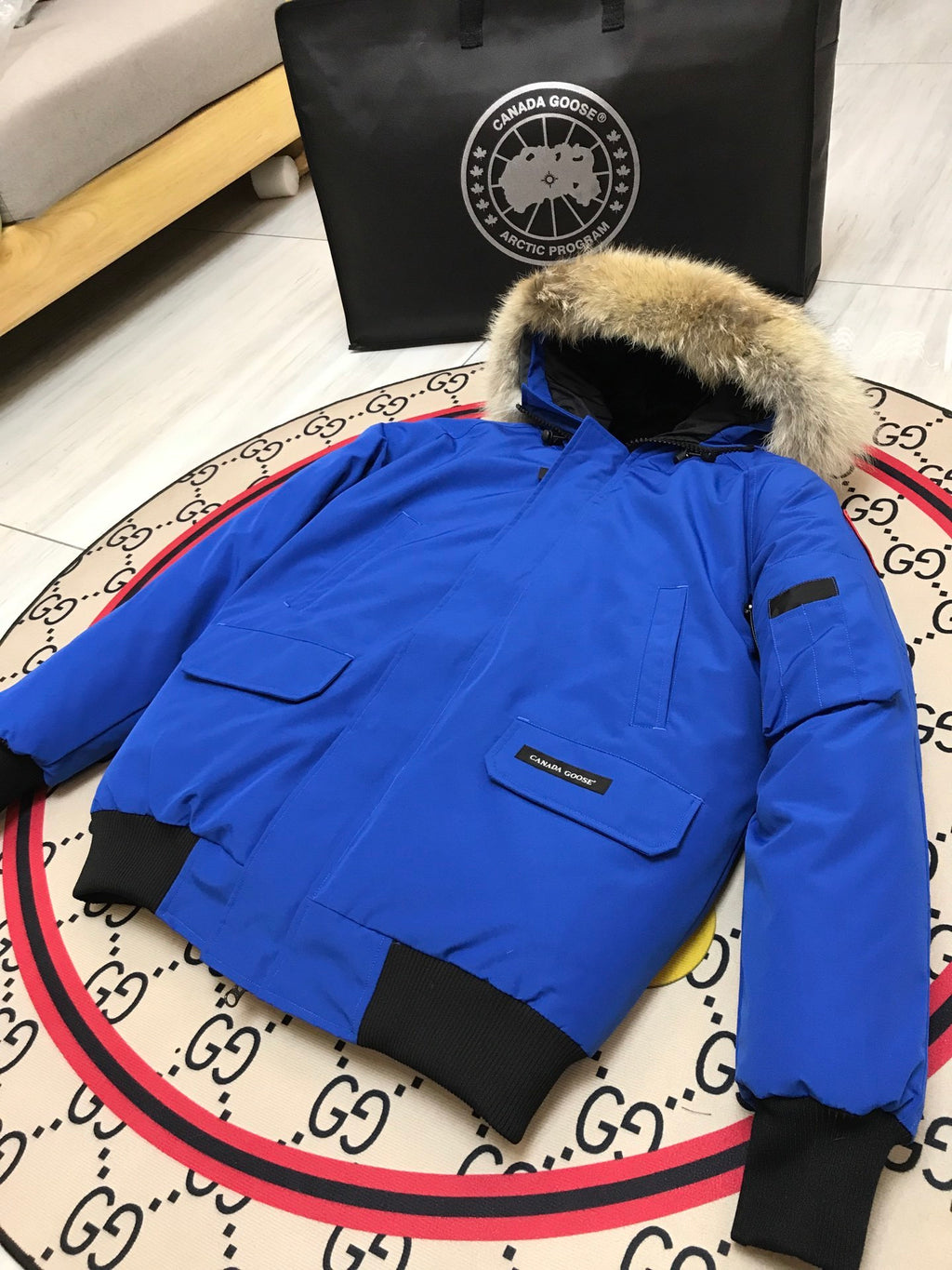 Canada Goose Chilliwack Blue Hooded Bomber Jacket with Fur-Style Trim